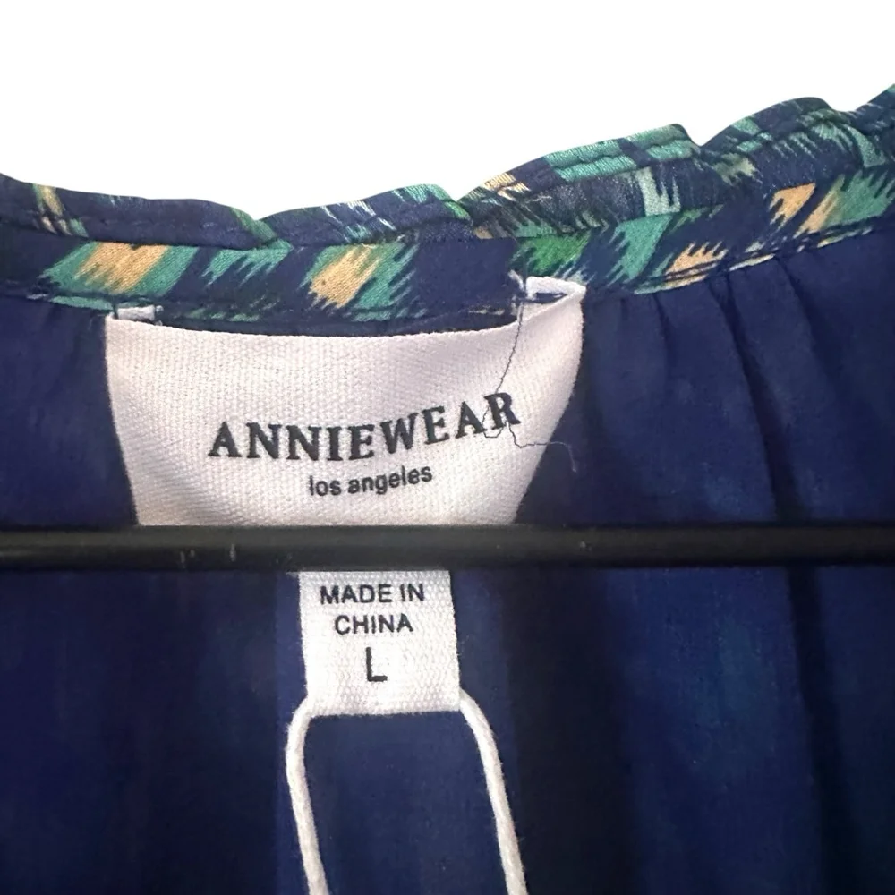 AnnieWear Los Angeles Boho Chiffon Blouse L Blue Green Ikat Ruffle Sleeve - Picture 5 of 10